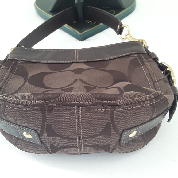 Coach Brown Signature Stripe Canvas Small Shoulder Bag Purse Leather Trim - Picture 7 of 12